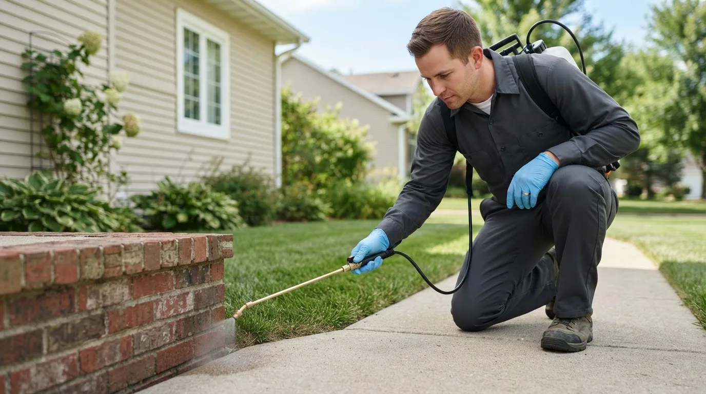 Pest control technician treating a home near Carpio, ND