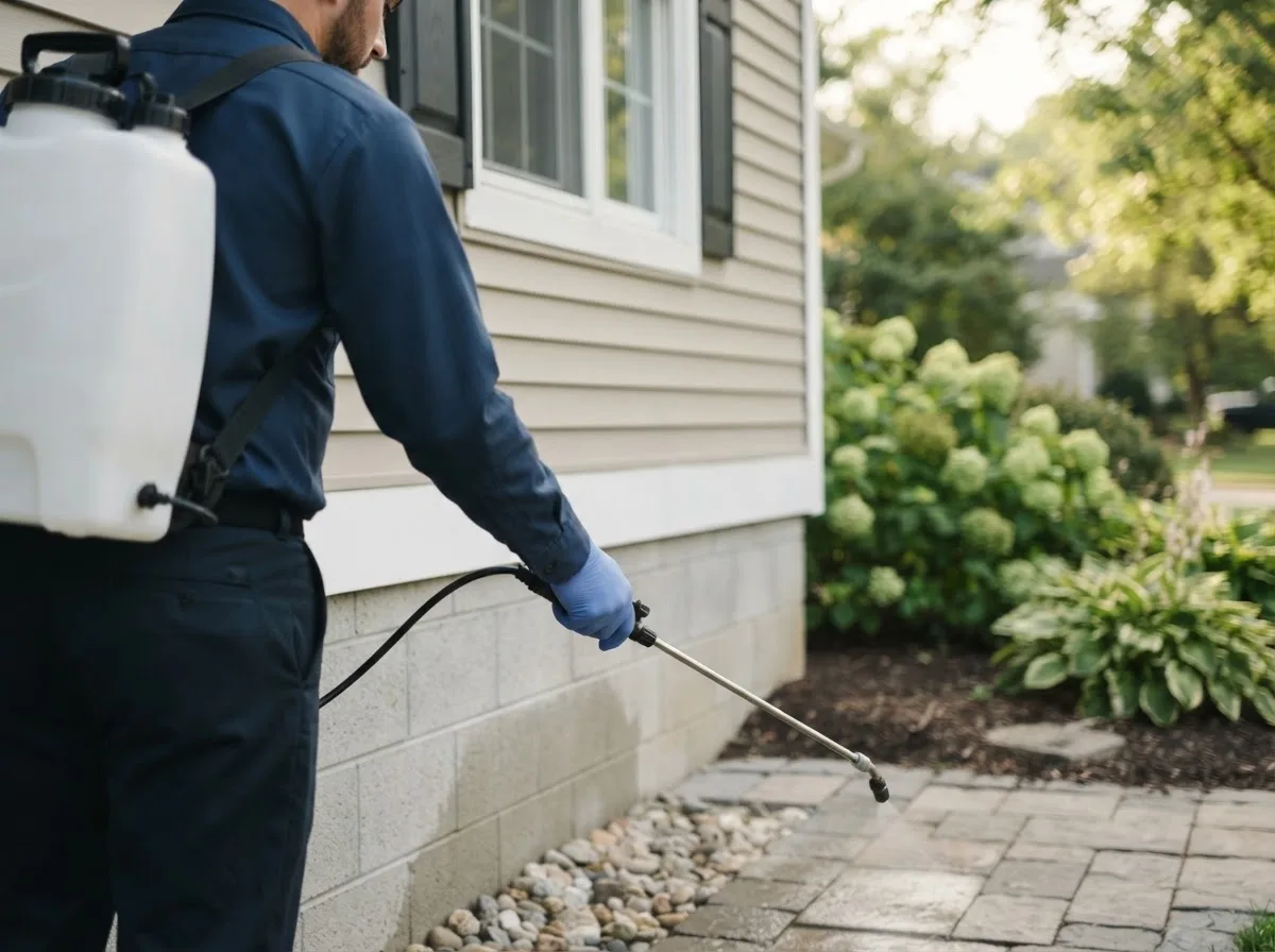 Pest control technician inspecting a home in Carpio, ND